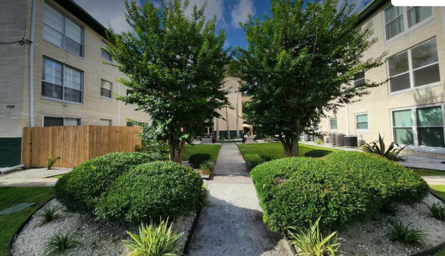 Landscaped courtyard between the buildings