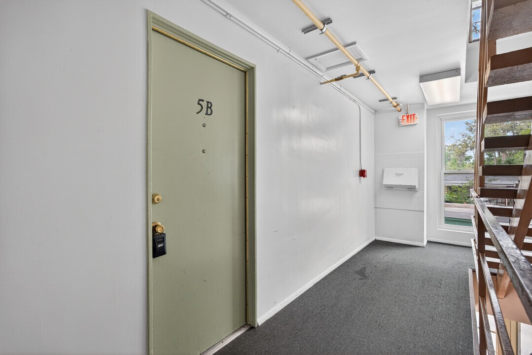 Bright interior corridor and apartment entry
